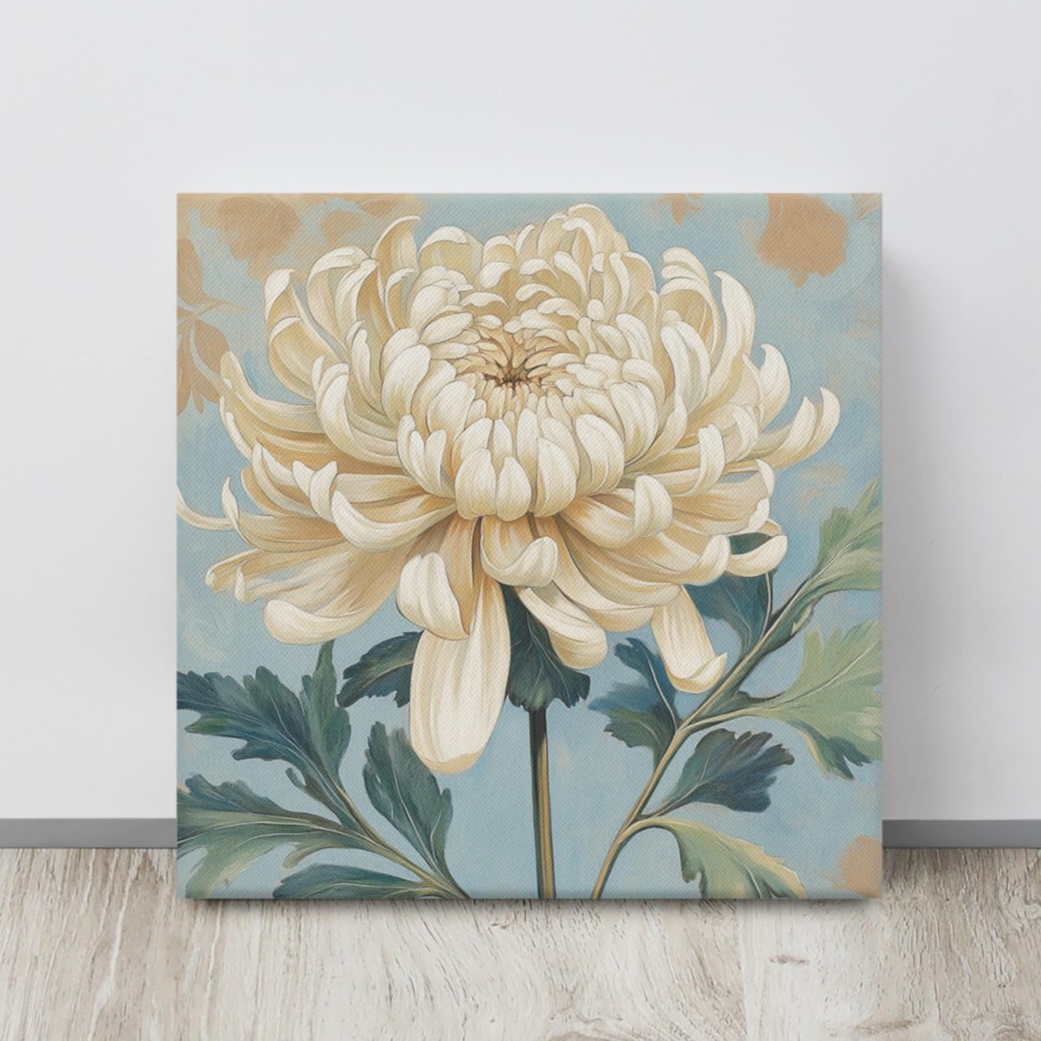 White Chrysanthemum Bloom Blue Gray Vintage Botanical Art Print Poster