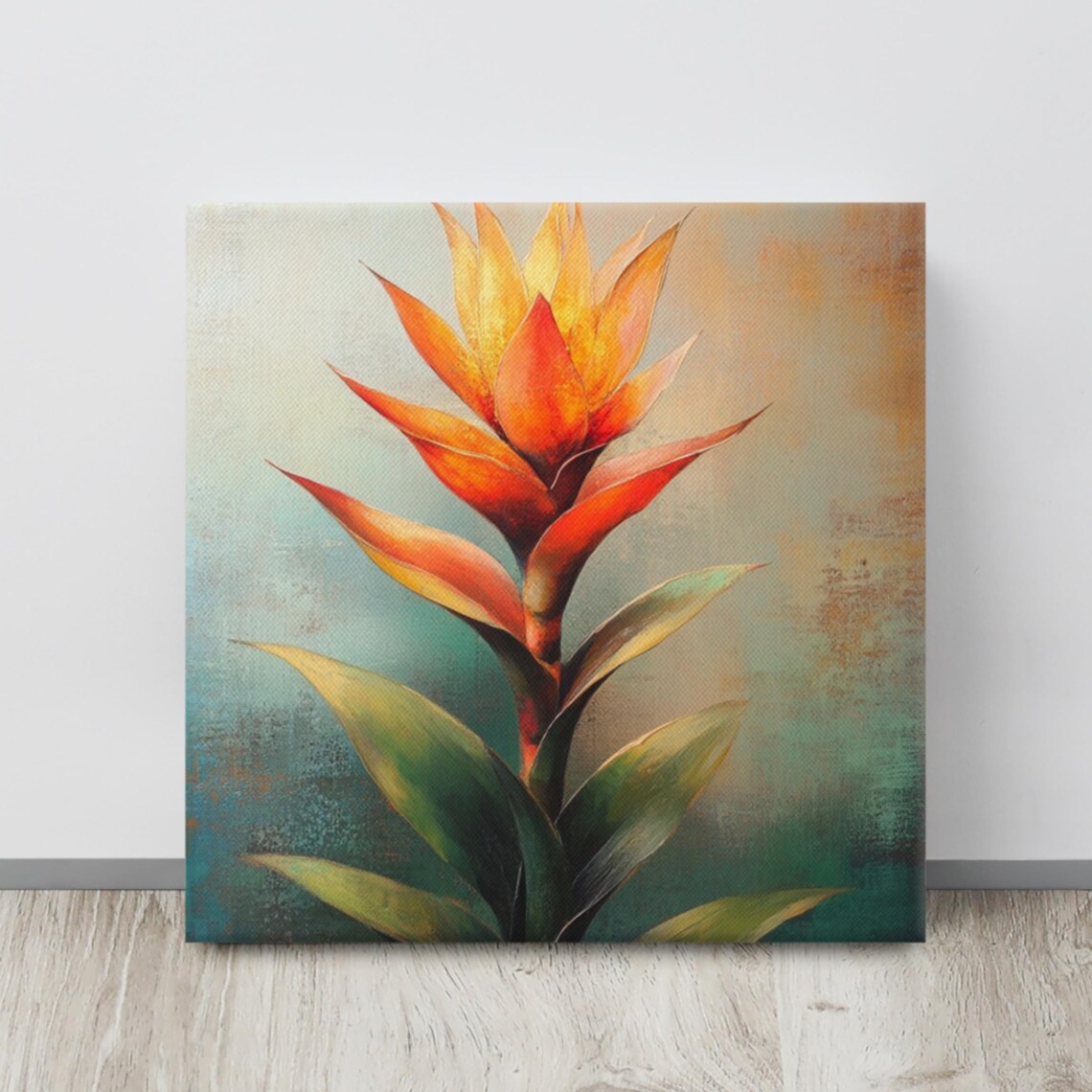 Orange Guzmania Bromeliad Flower Teal Background Painting Poster