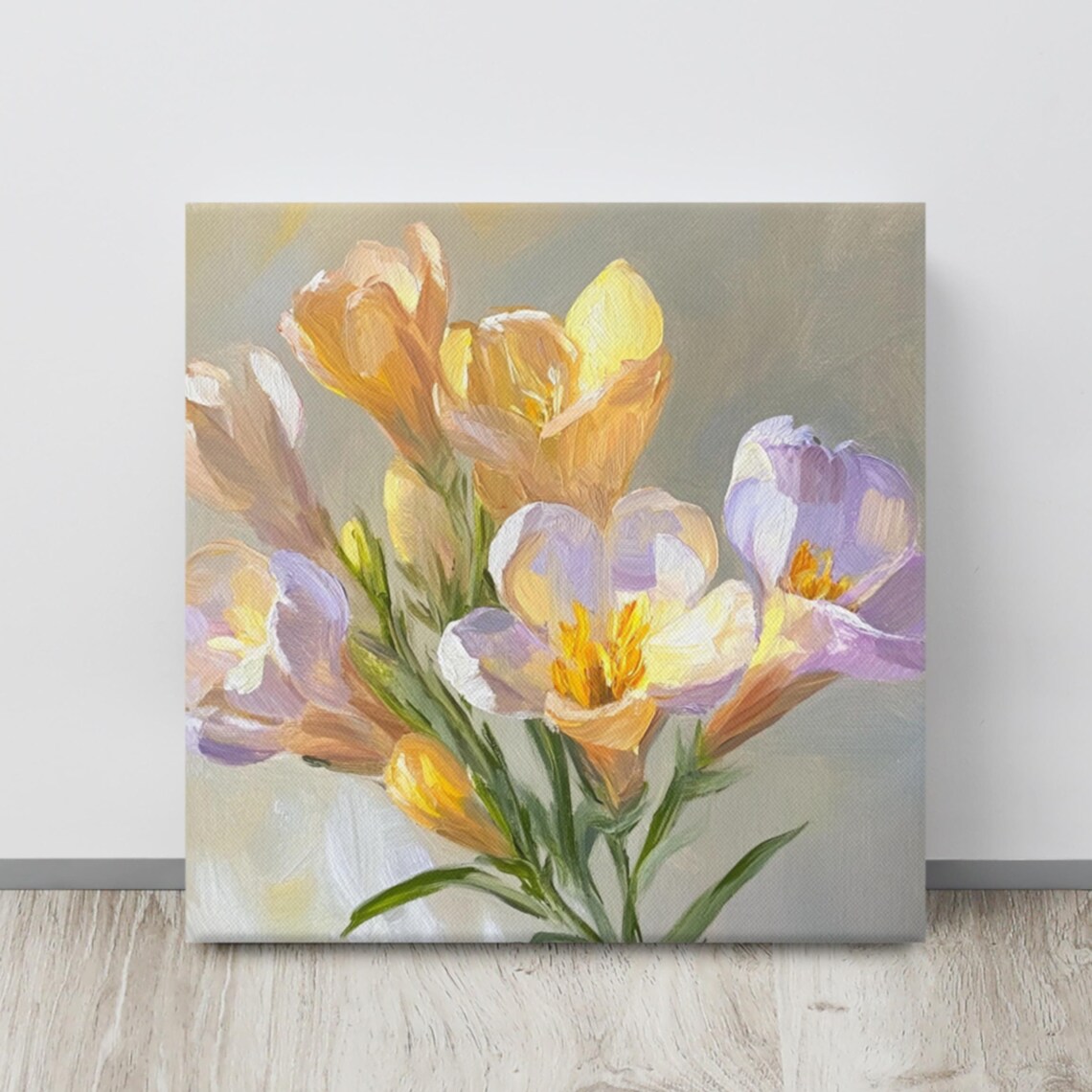 Yellow Purple Freesia Blossoms Soft Oil Painting Floral Art Poster