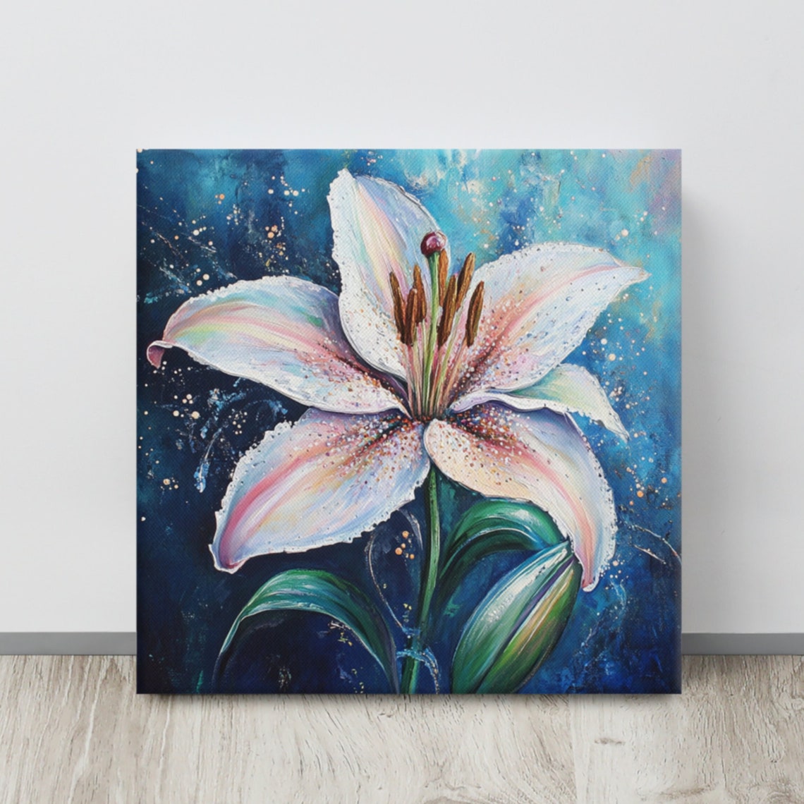 White Lily Bloom Iridescent Petals On Deep Blue Print Poster