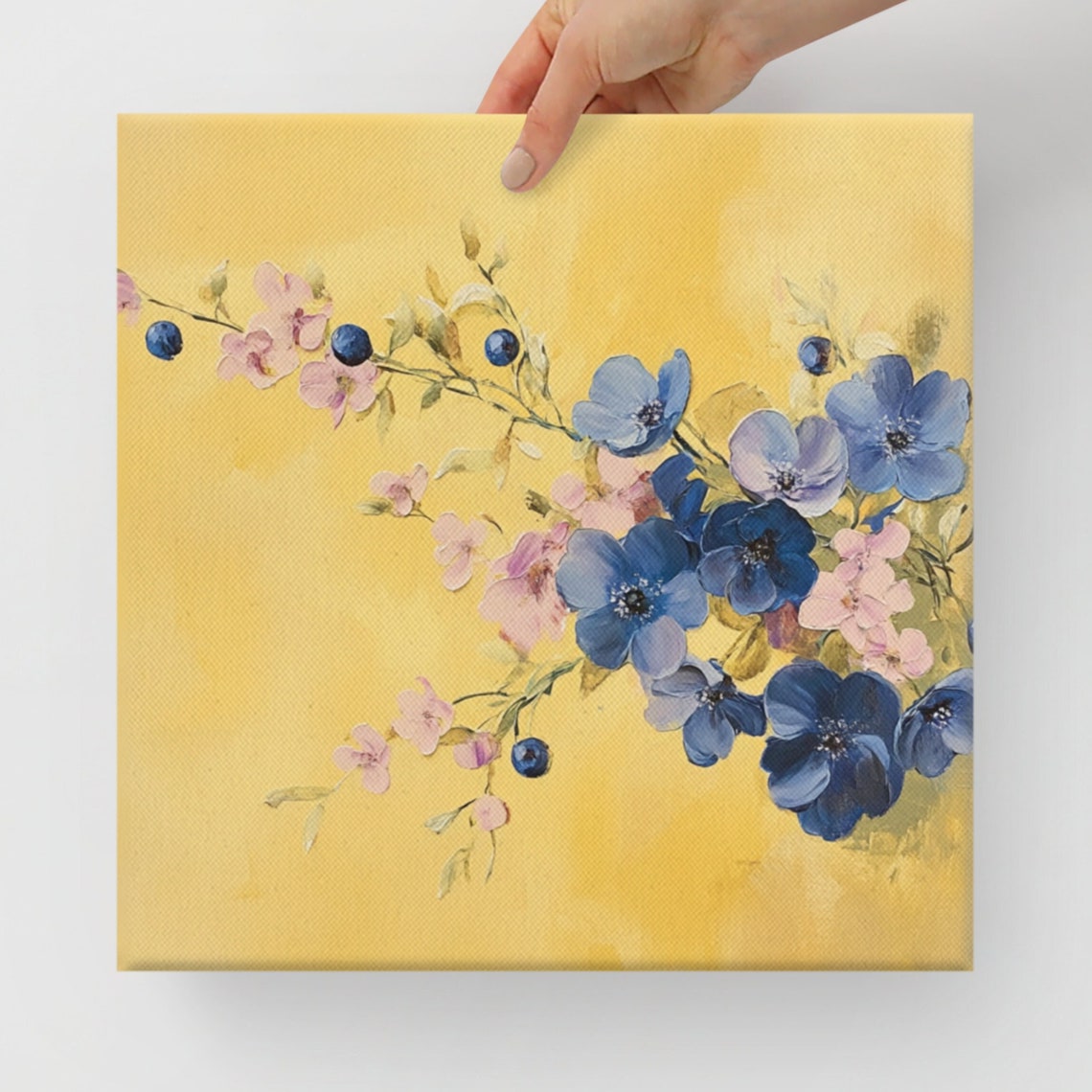 Blueberry Blue Blossom Golden Yellow Background Floral Poster