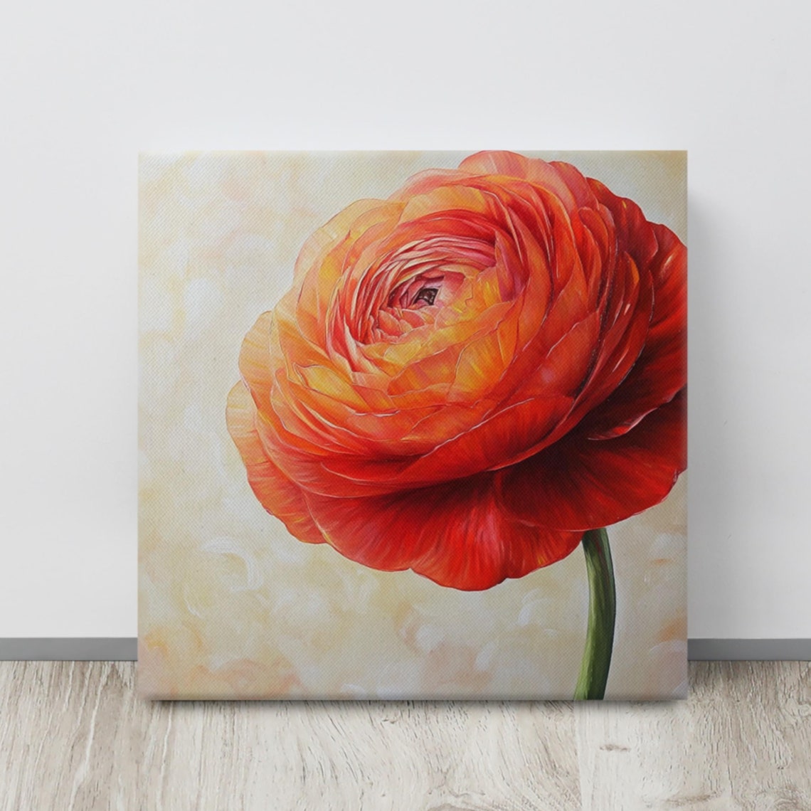 Red Orange Ranunculus Bloom Layered Petals Cream Background Art Poster