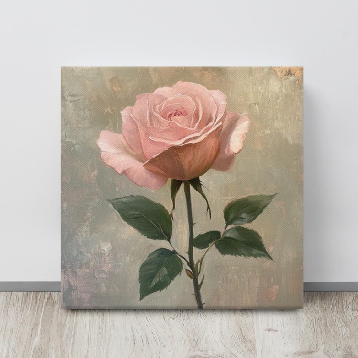 Blush Pink Rose Single Stem Gray Green Vintage Floral Wall Art