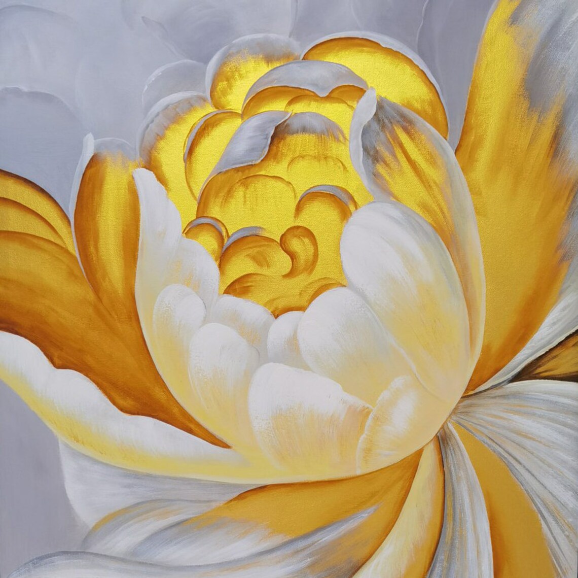 Golden Yellow White Blooming Abstract Flower Oil Painting Poster - Image 2