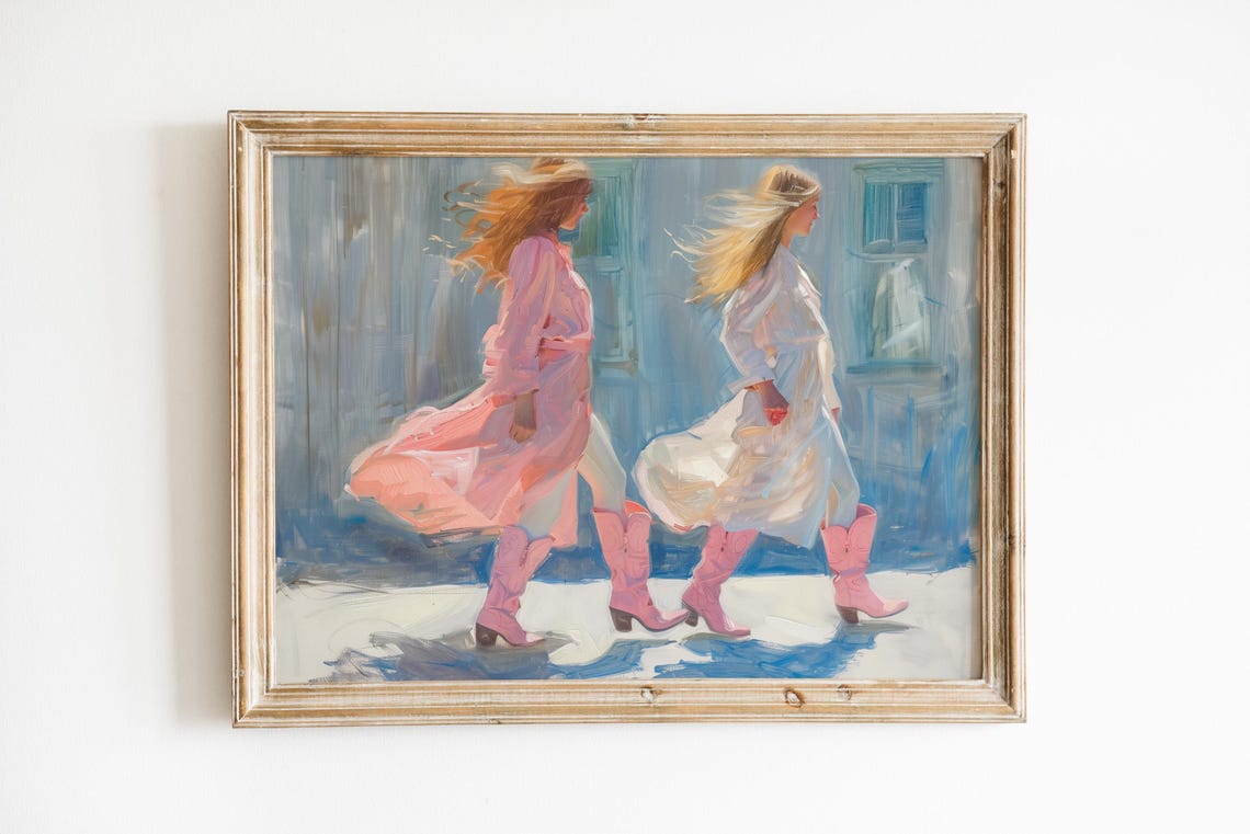 Two Women Dancing in Pink Cowboy Boots Wind Impressionist Poster