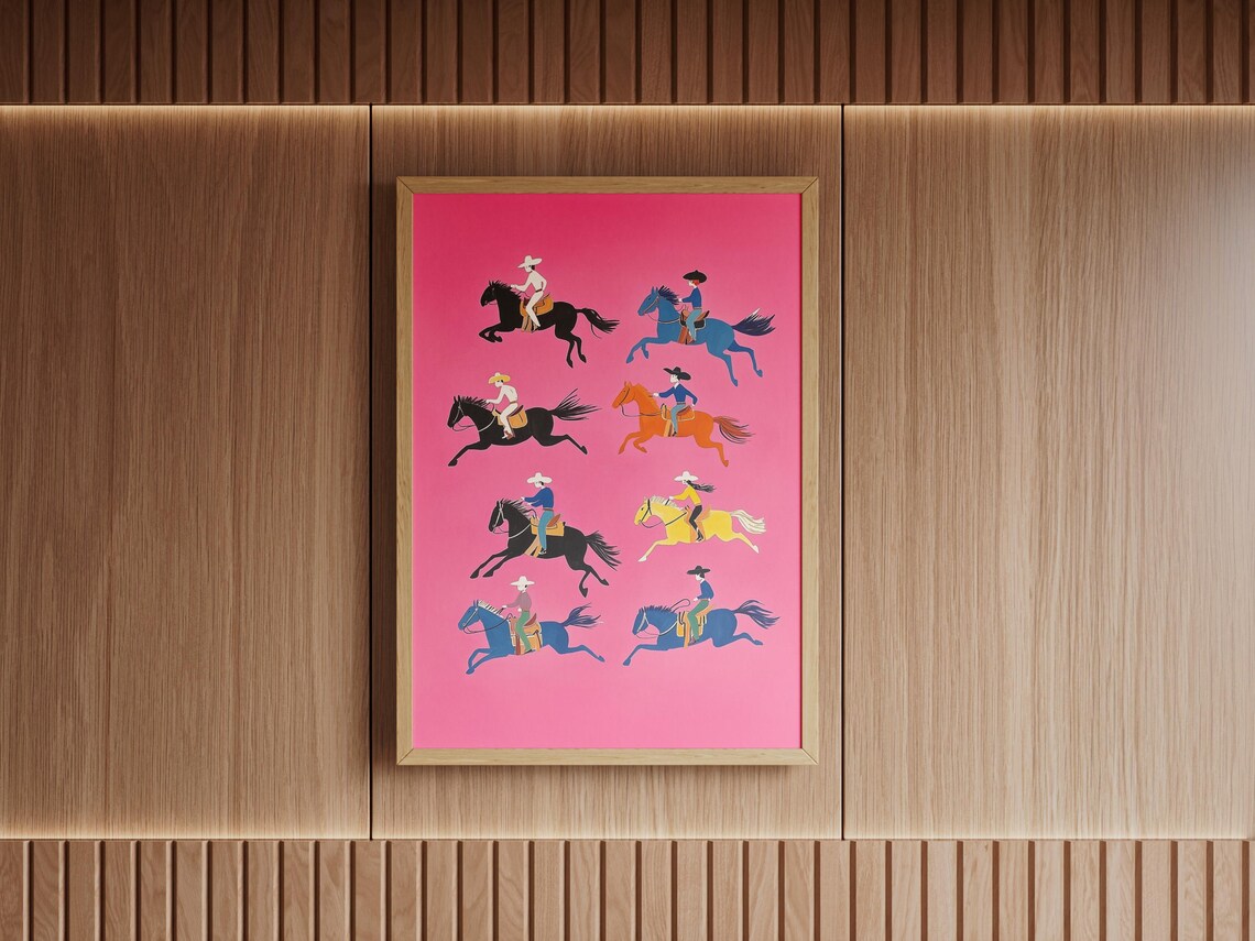 Pink Cowboy Riders Art Print, Bold Western Decor