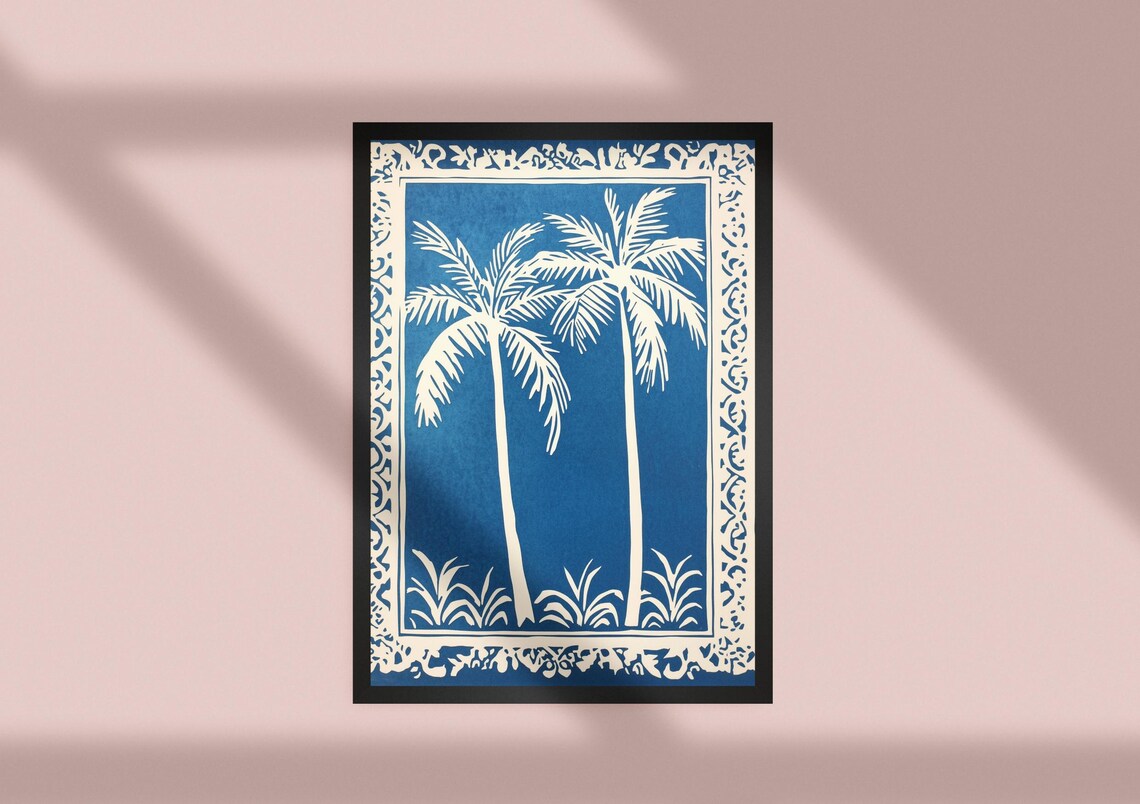 Two Palm Trees in Blue and White Linocut Style with a Decorative Border Poster