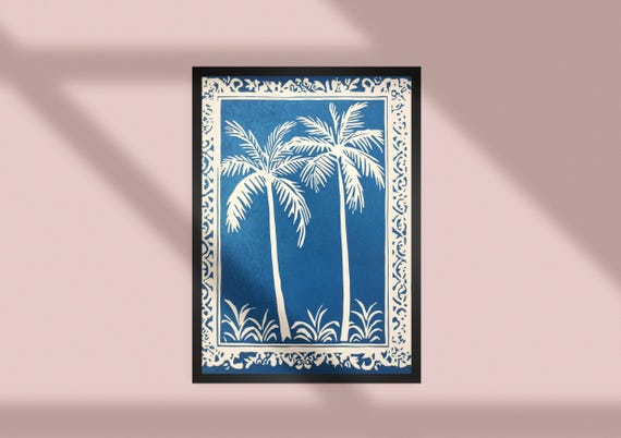 Tropical Palm Tree Wall Art Blue White Linocut Style Beach Print Islandinspired Botanical Decor For Coastal Homes