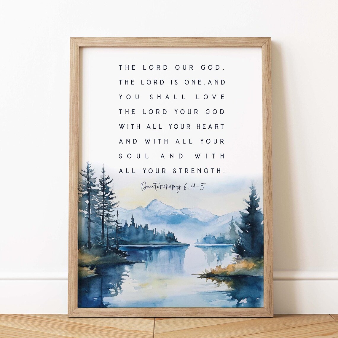 Deuteronomy 6:4-5 Love the Lord Watercolor Mountain Lake Scripture Poster