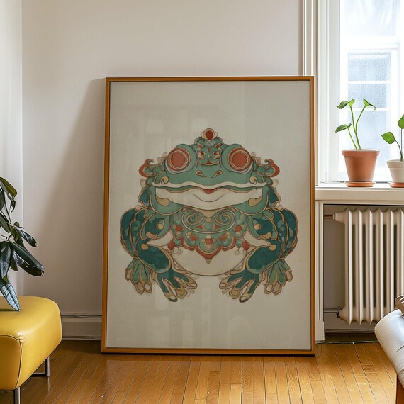 Green Frog Art Poster In Traditional Minhwa Style With Ornate Patterns