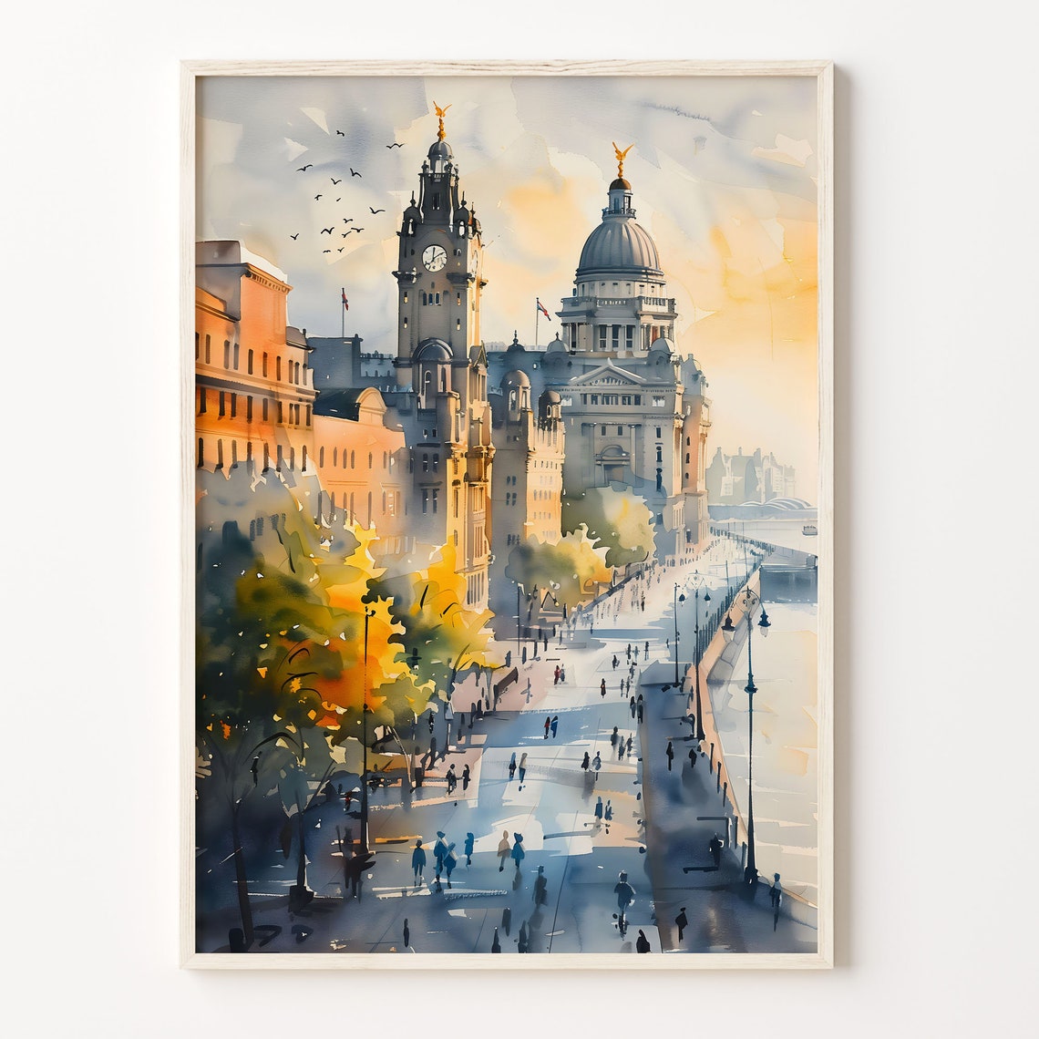 Liverpool Waterfront Historic Clock Tower River Watercolor Print