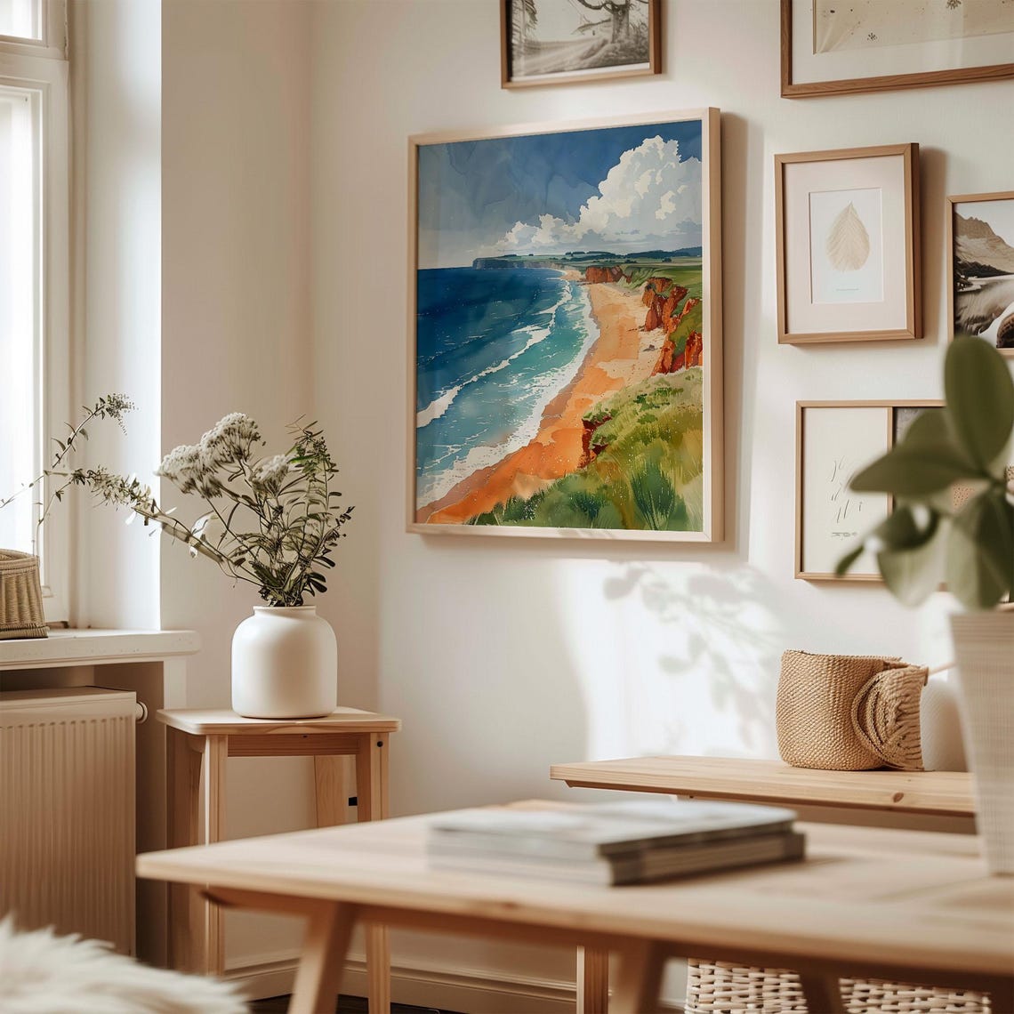 Northumberland Coast Red Cliffs Sandy Beach Waves Watercolor Poster - Image 3