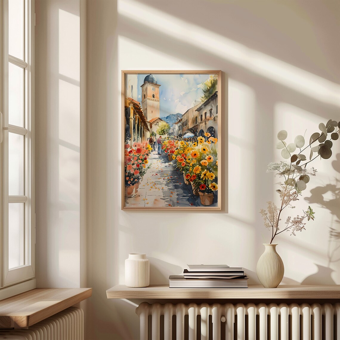 Sunny Flower Market Street Old Town Sunflowers Watercolor Poster - Image 4