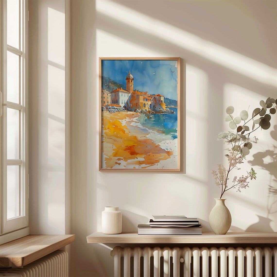Historic Mediterranean Coastal Town Beach Watercolor Painting Poster - Image 4