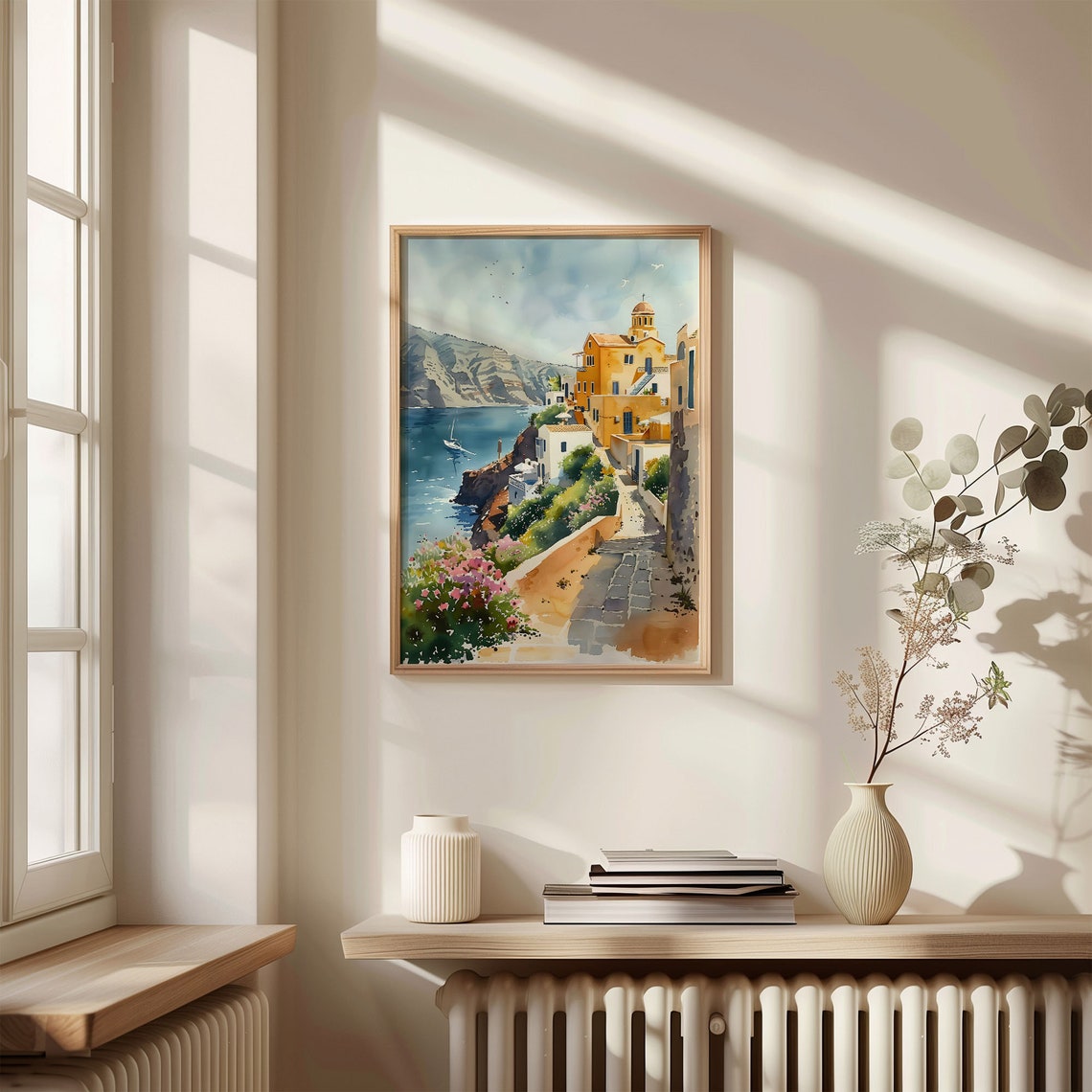 Santorini Greece Cliffside Village Caldera Sailboat Watercolor Poster - Image 4