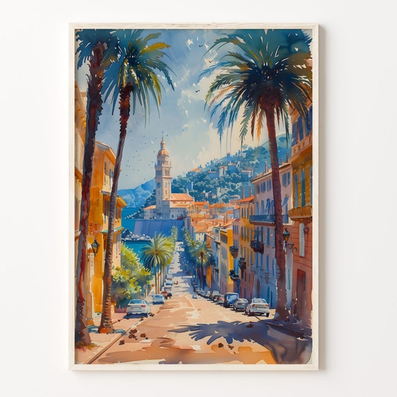 Nice France Watercolor Cityscape Travel Poster