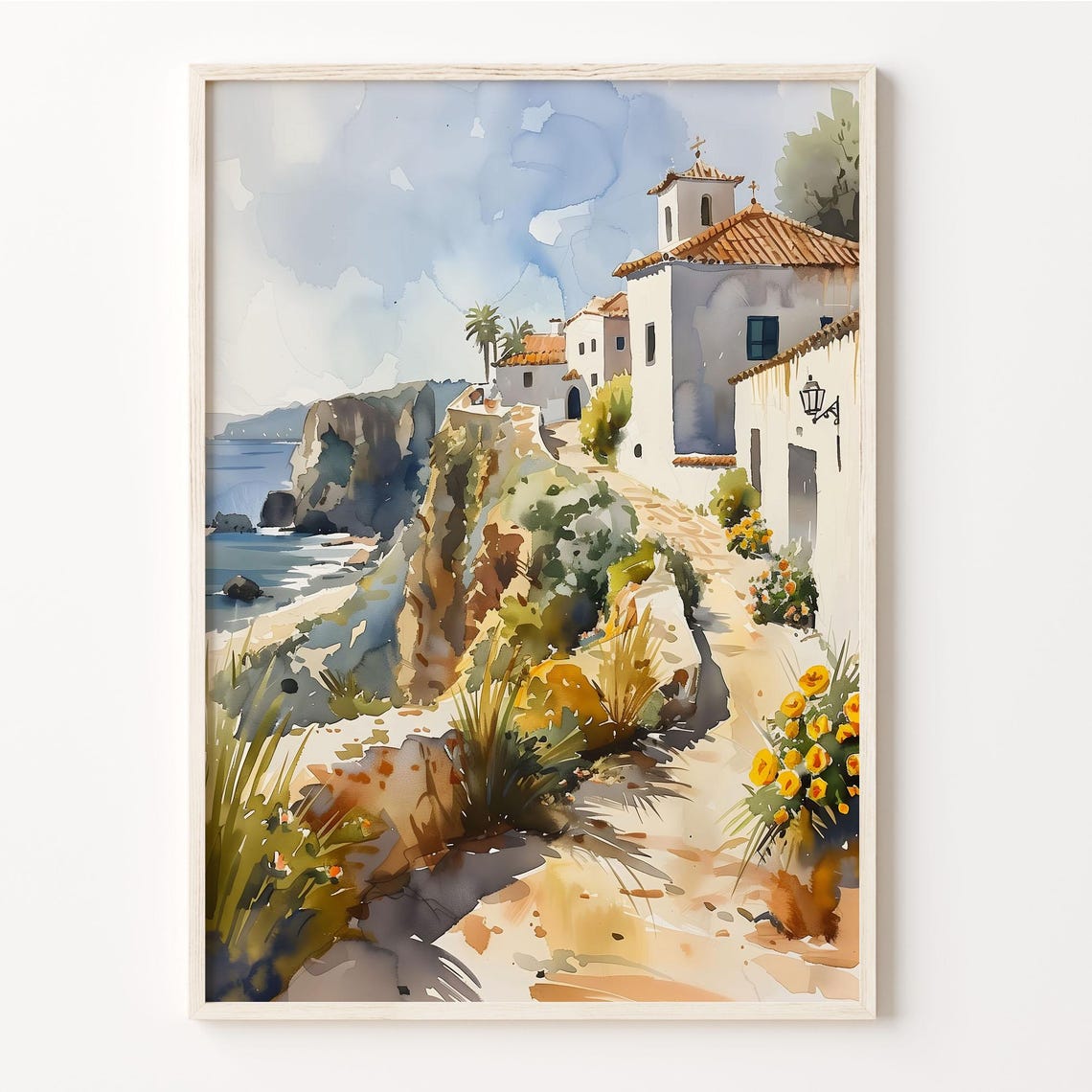 Albufeira Portugal Cliffside Village Path Sea View Watercolor Poster