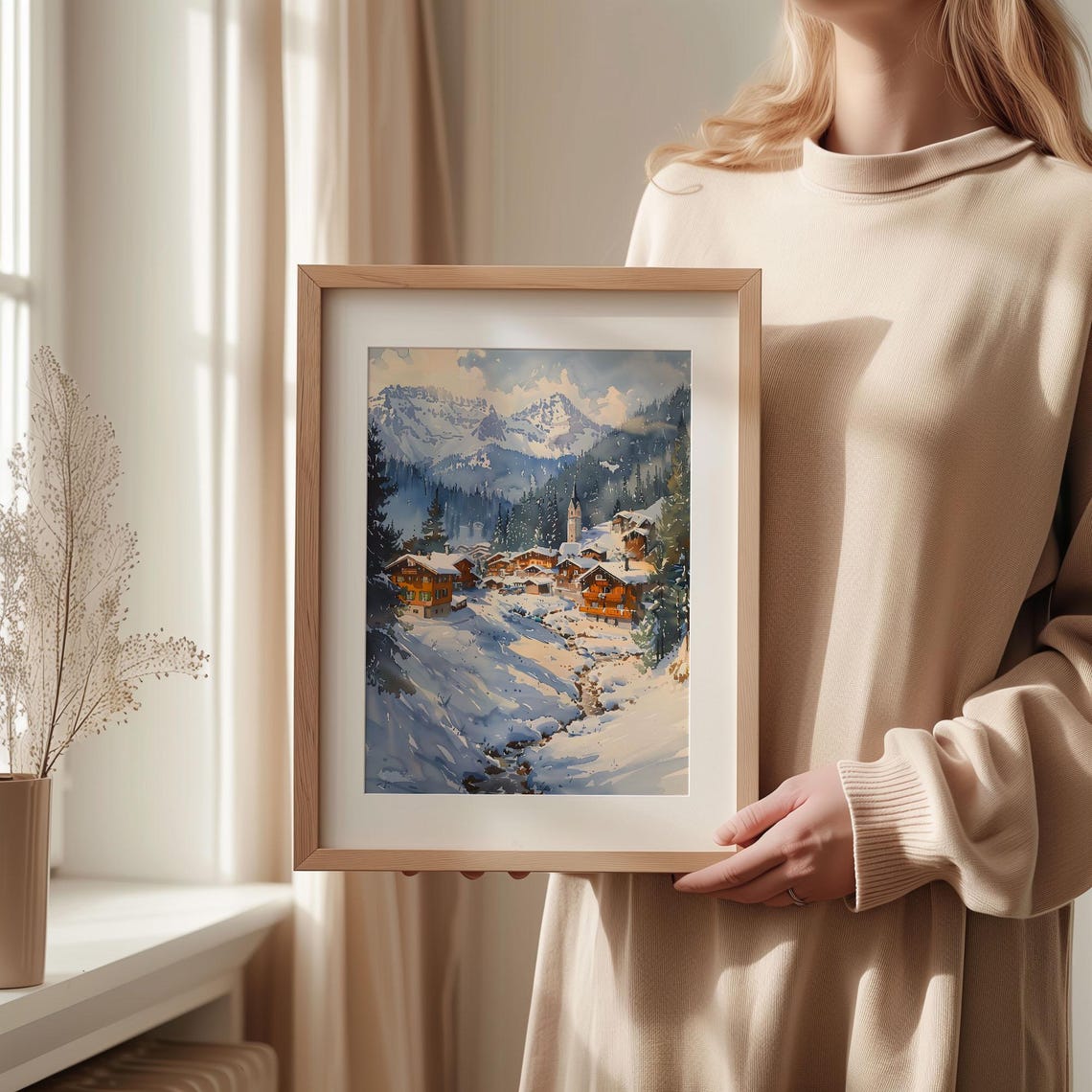 Verbier Switzerland Alpine Ski Village Winter Watercolor Poster - Image 2