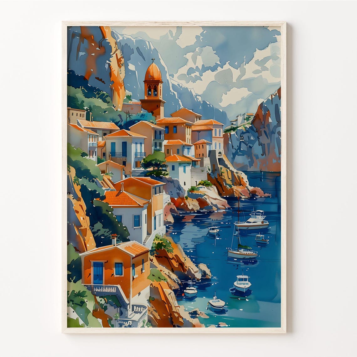 Symi Greece Cliffside Harbor Boats Bell Tower Watercolor Poster