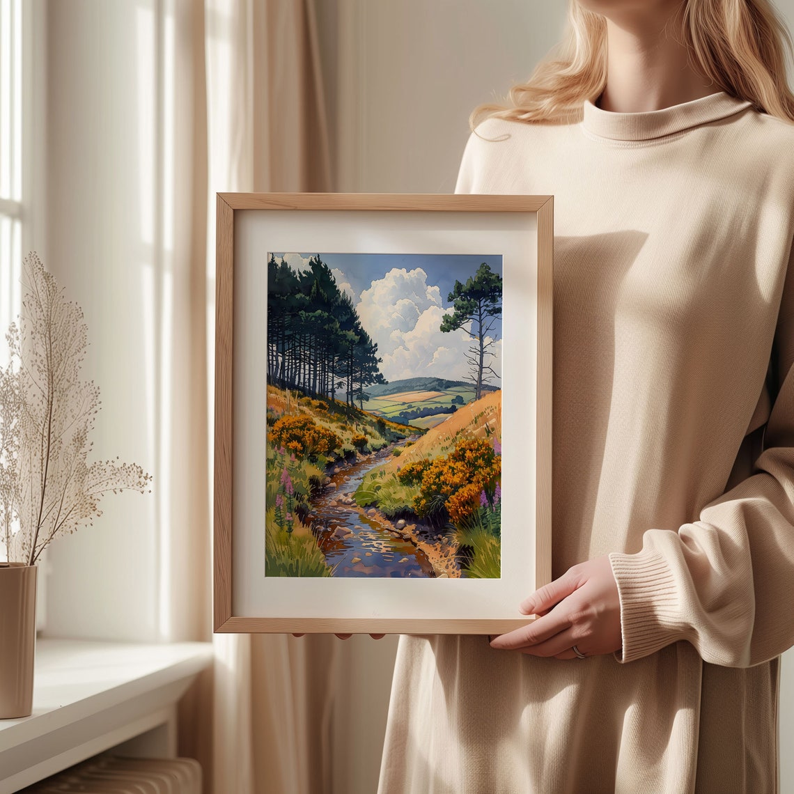 Exmoor Moorland Watercolor Poster Gorse Stream Pines Rolling Hills - Image 2