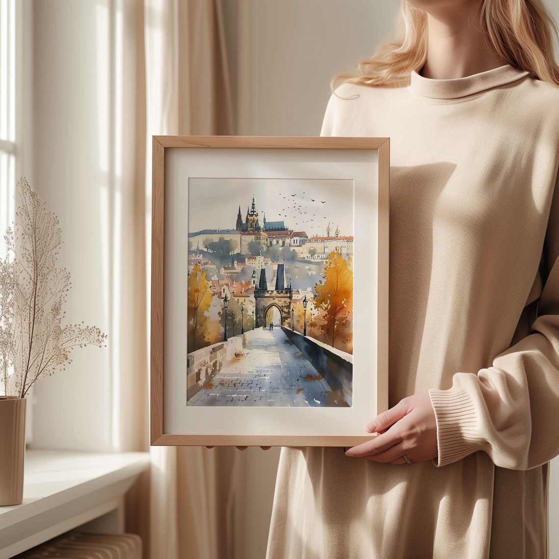 Prague Charles Bridge Autumn Old Town Castle Watercolor Poster - Image 2