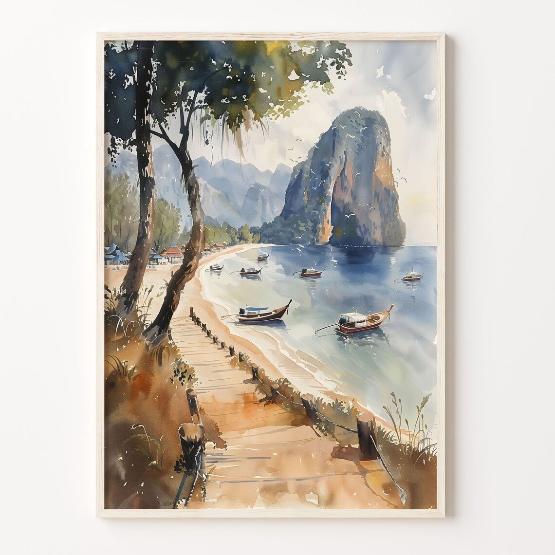 Krabi Thailand Limestone Karst Longtail Boats Watercolor Beach Poster