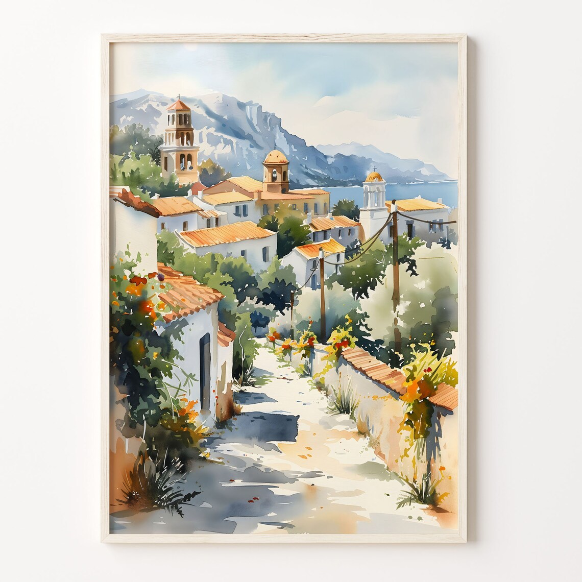 Athens Greece Coastal Village Church Towers Watercolor Poster