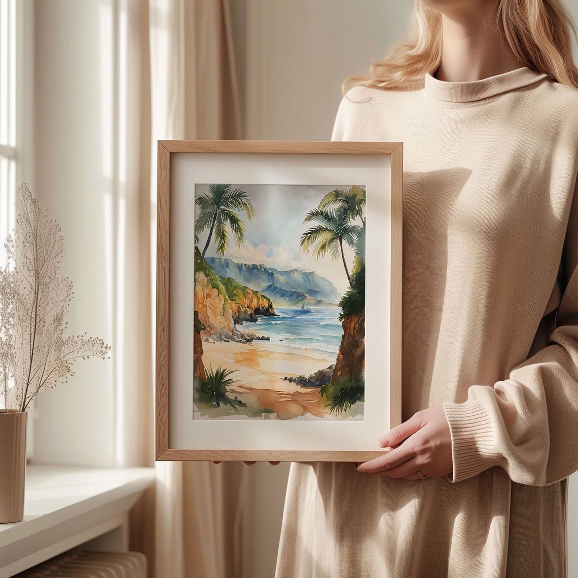 Maui Hawaii Golden Tropical Palm Beach Mountain Watercolor Poster - Image 2