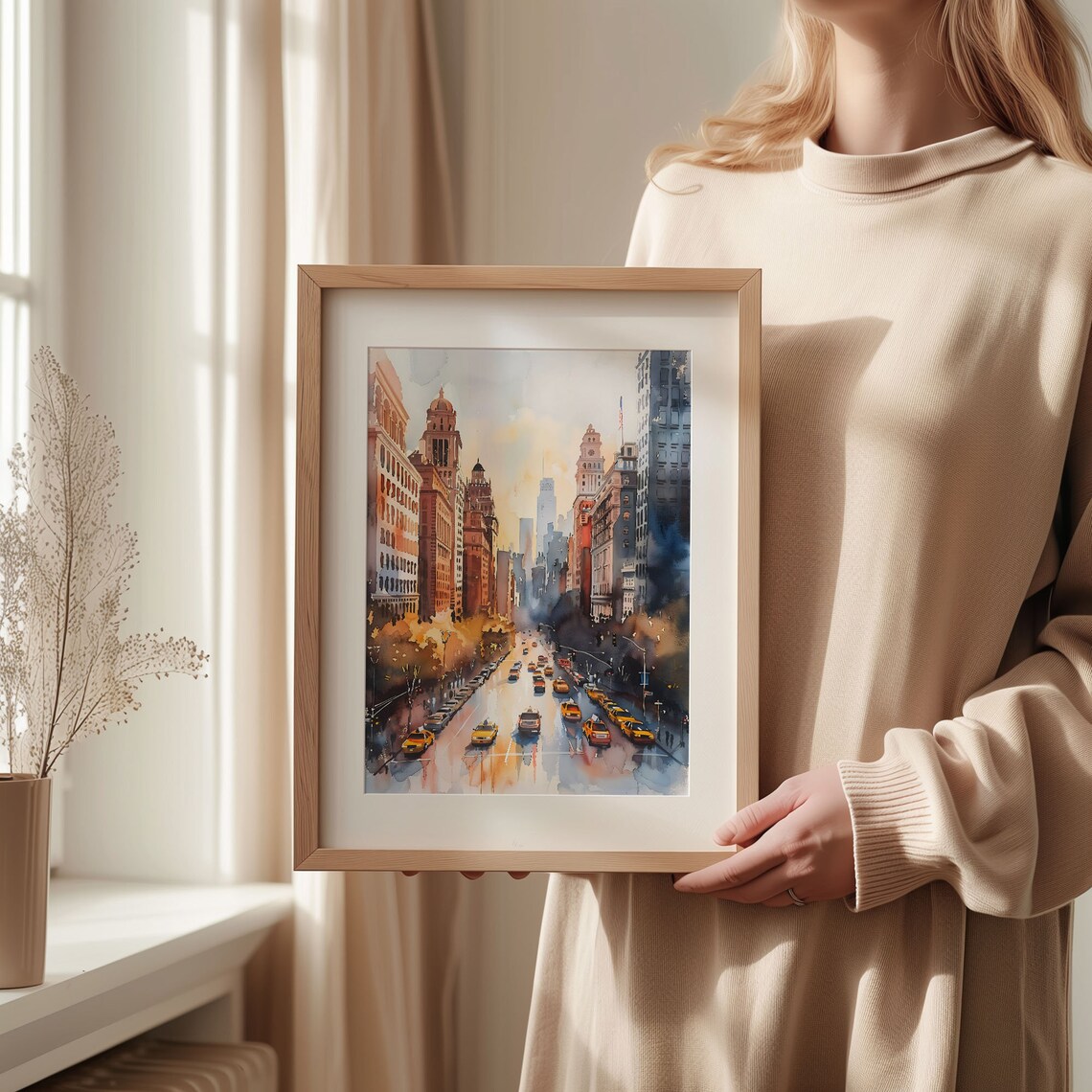 New York City Yellow Taxis Downtown Street Sunset Watercolor Print - Image 2