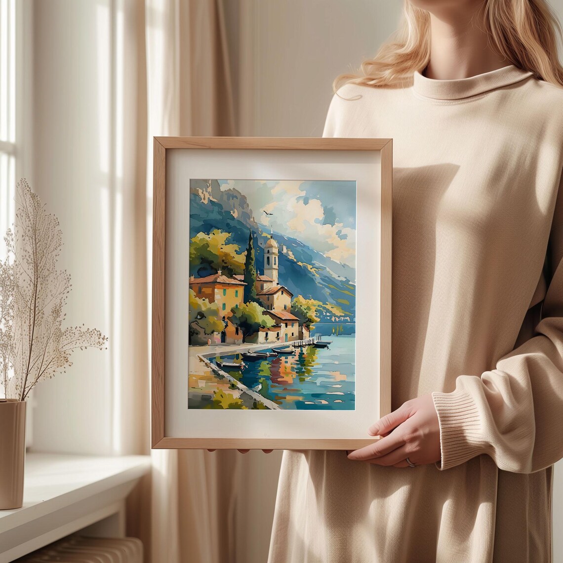 Lake Garda Italy Lakeside Village Church Tower Boats Watercolor Poster - Image 2