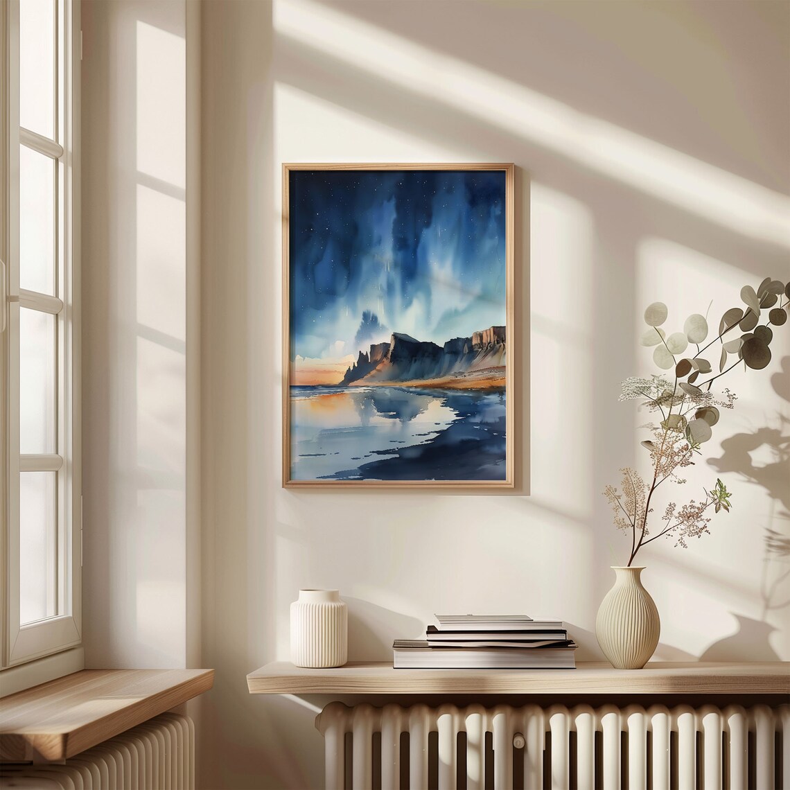 Northern Lights Watercolor Poster Aurora Stars Ocean Cliff Night - Image 4