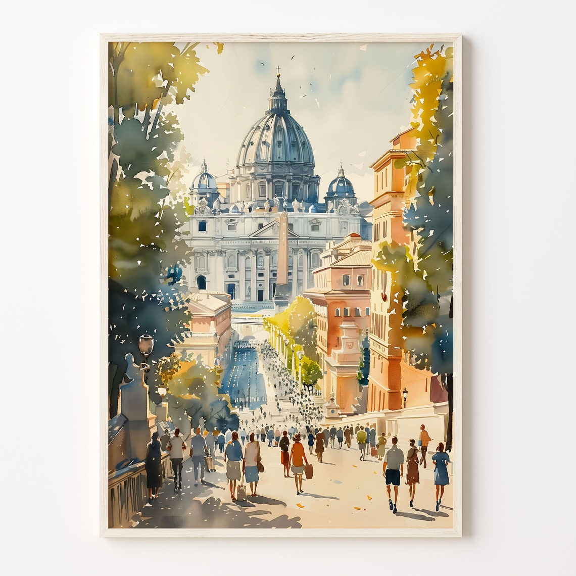 St Peters Basilica Rome Crowded Square Sunny Watercolor Print