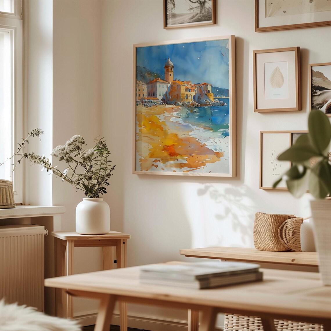 Historic Mediterranean Coastal Town Beach Watercolor Painting Poster - Image 3