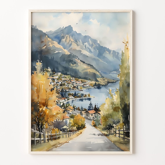 Queenstown Watercolor Painting New Zealand Poster