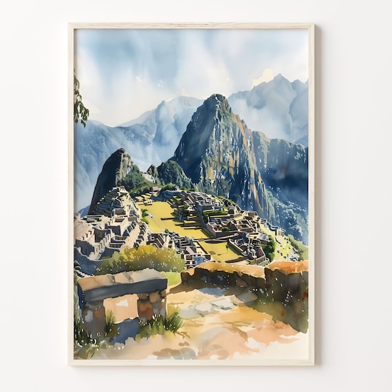 Machu Picchu Watercolor Travel Poster, Cusco Peru