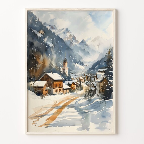 Morzine French Alps Winter Snowy Ski Village Watercolor Poster