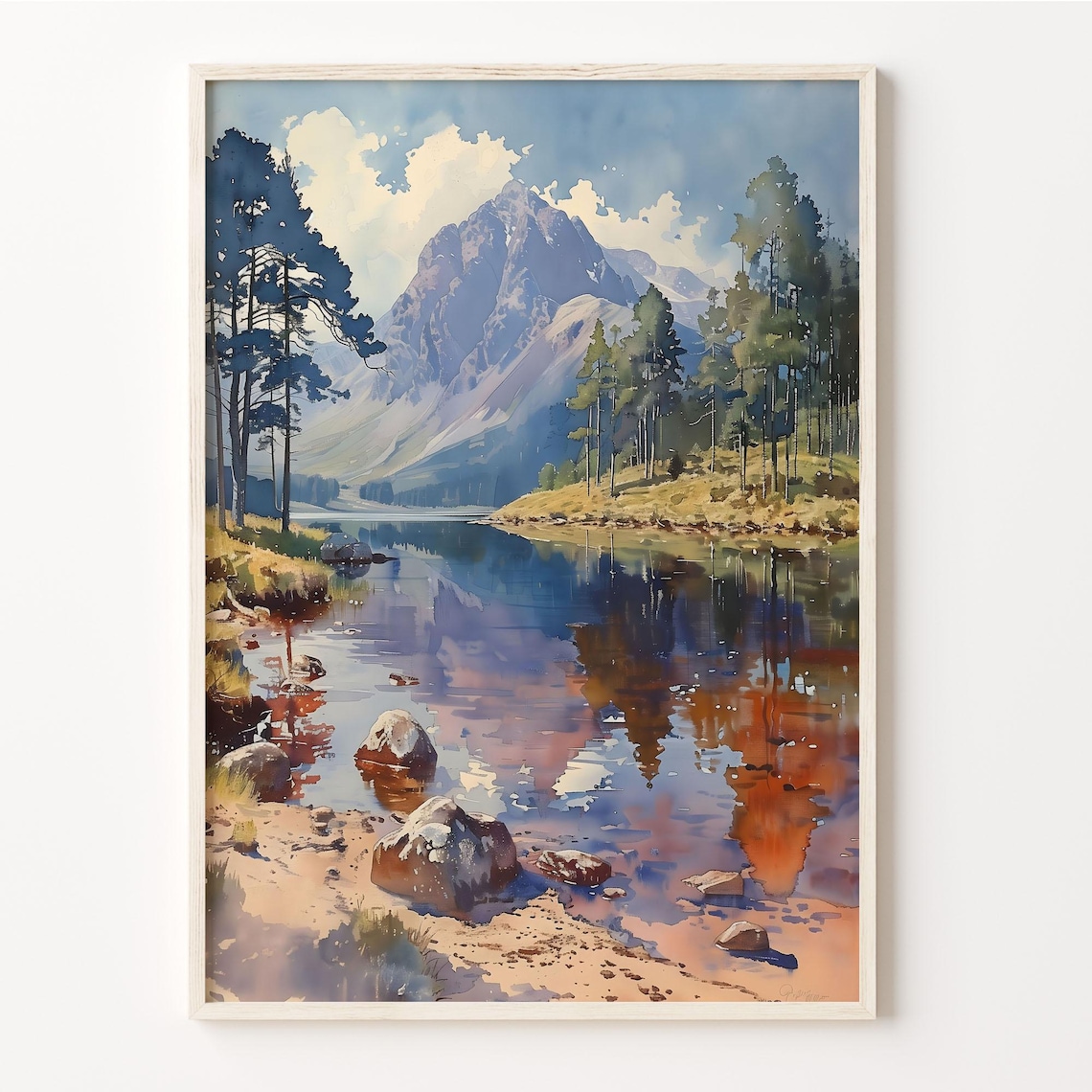 Scottish Highlands Mountain Lake Reflections Watercolor Painting Poster