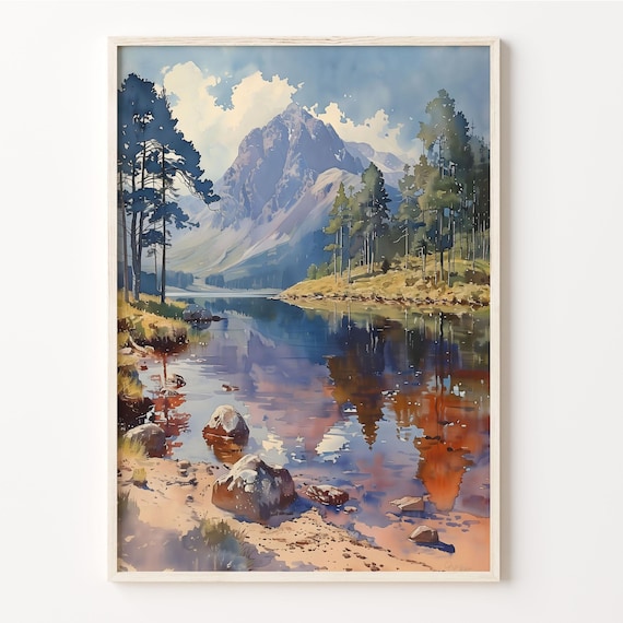 Scottish Highlands Mountain Lake Reflections Watercolor Painting Poster
