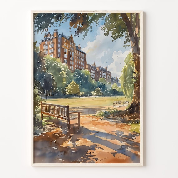 London Burgess Park Bench Sunny Green Space Watercolor Travel Poster