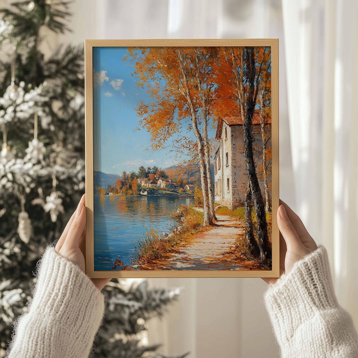 Autumn Lakeside Village Golden Trees Stone House Painting Wall Print - Image 3