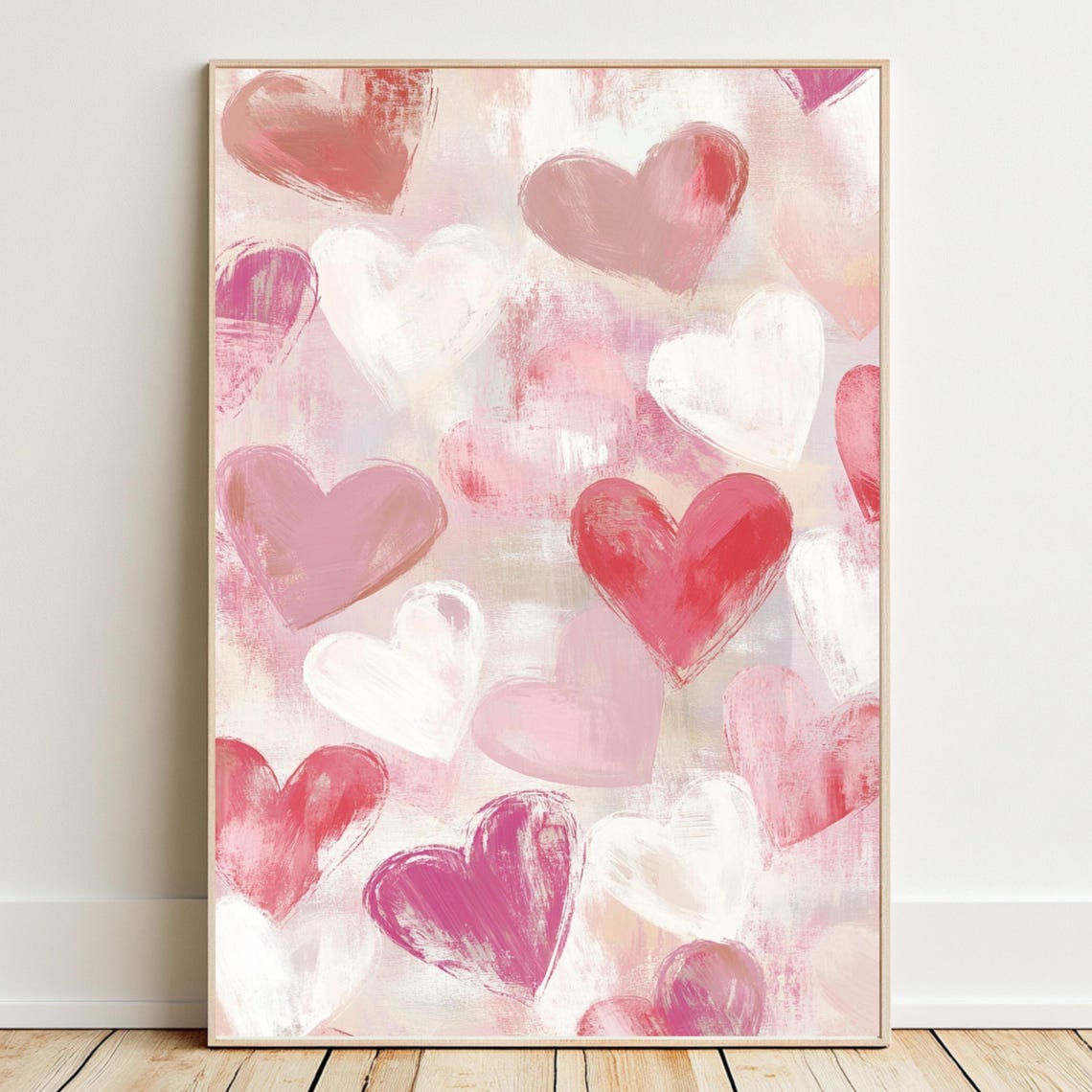 Red Pink White Hearts Painterly Valentines Love Pattern Wall Art Print - Image 2