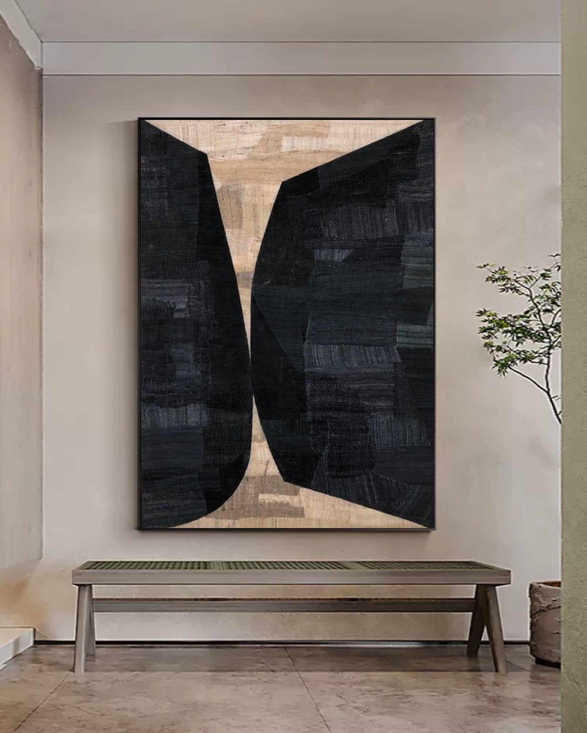 Black Beige Curved Twin Forms Textured Minimalist Abstract Art Print - Image 2