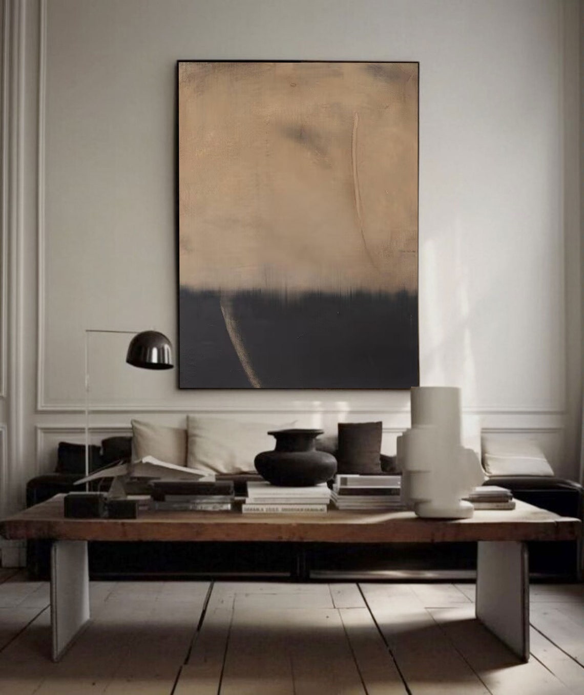 Warm Beige and Black Horizon Color Field Minimalist Art Poster - Image 2