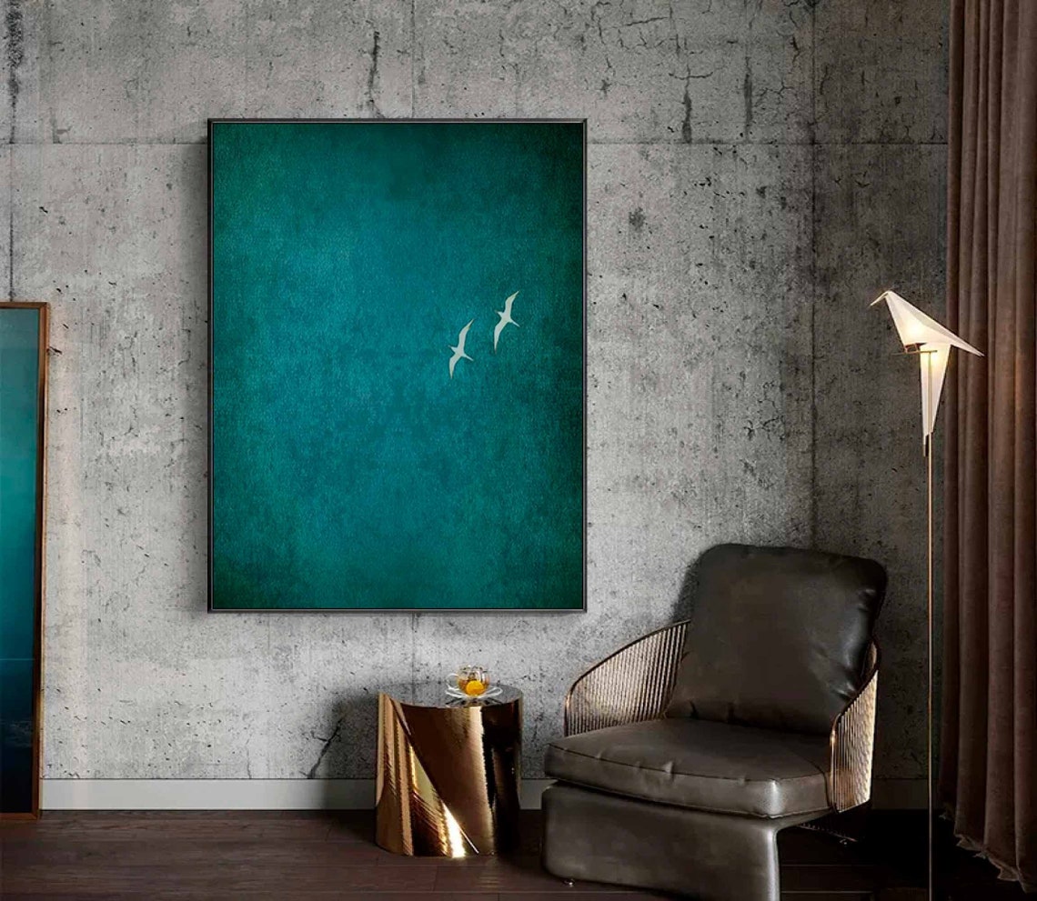 Dark Green Minimal Two White Birds Flight Serene Abstract Wall Art - Image 2