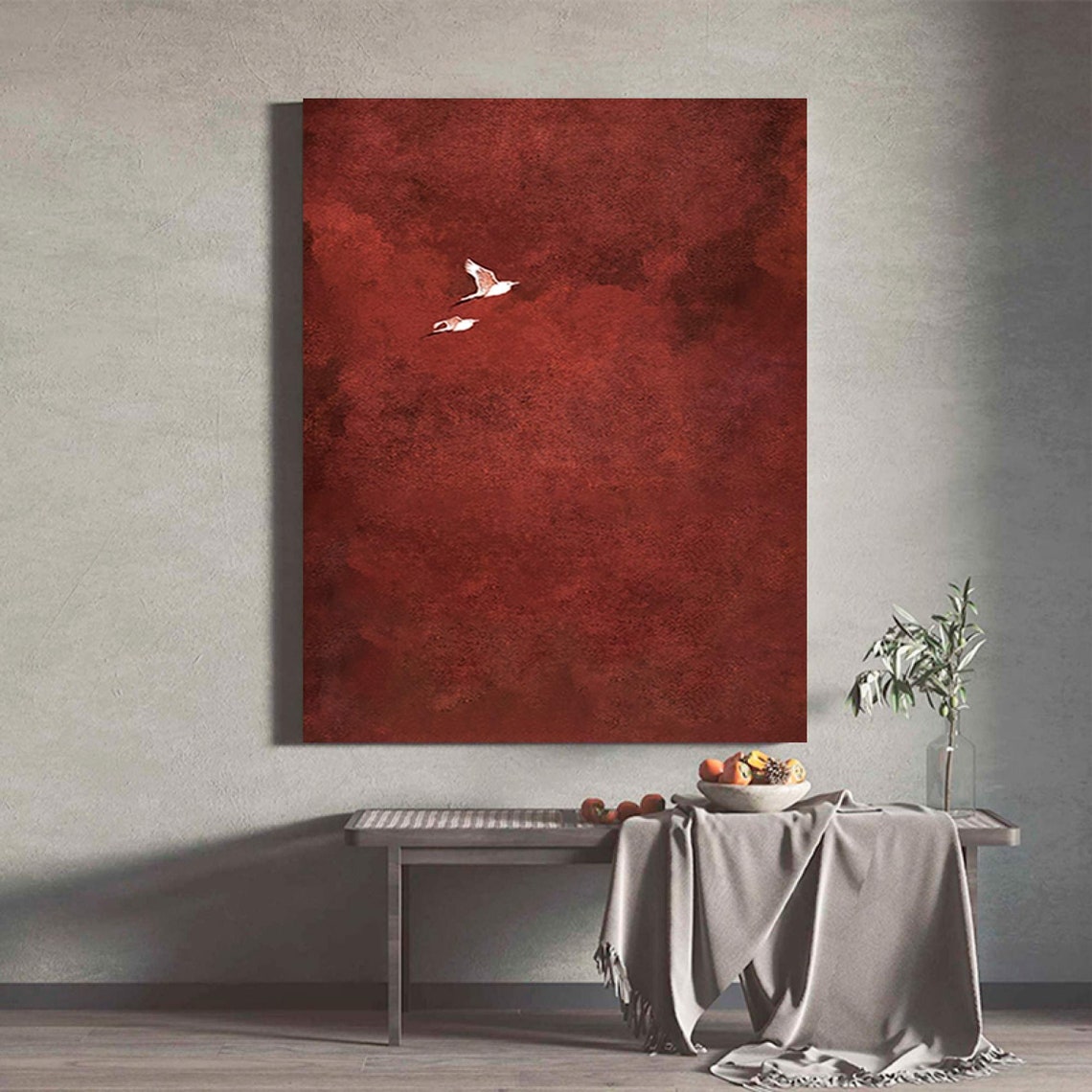 Crimson Red Abstract Minimalist Two Birds Flying Modern Art Poster - Image 3