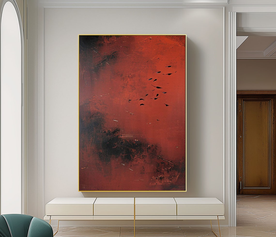 Crimson Red Sky Birds Abstract Textured Maximalist Art Poster - Image 3