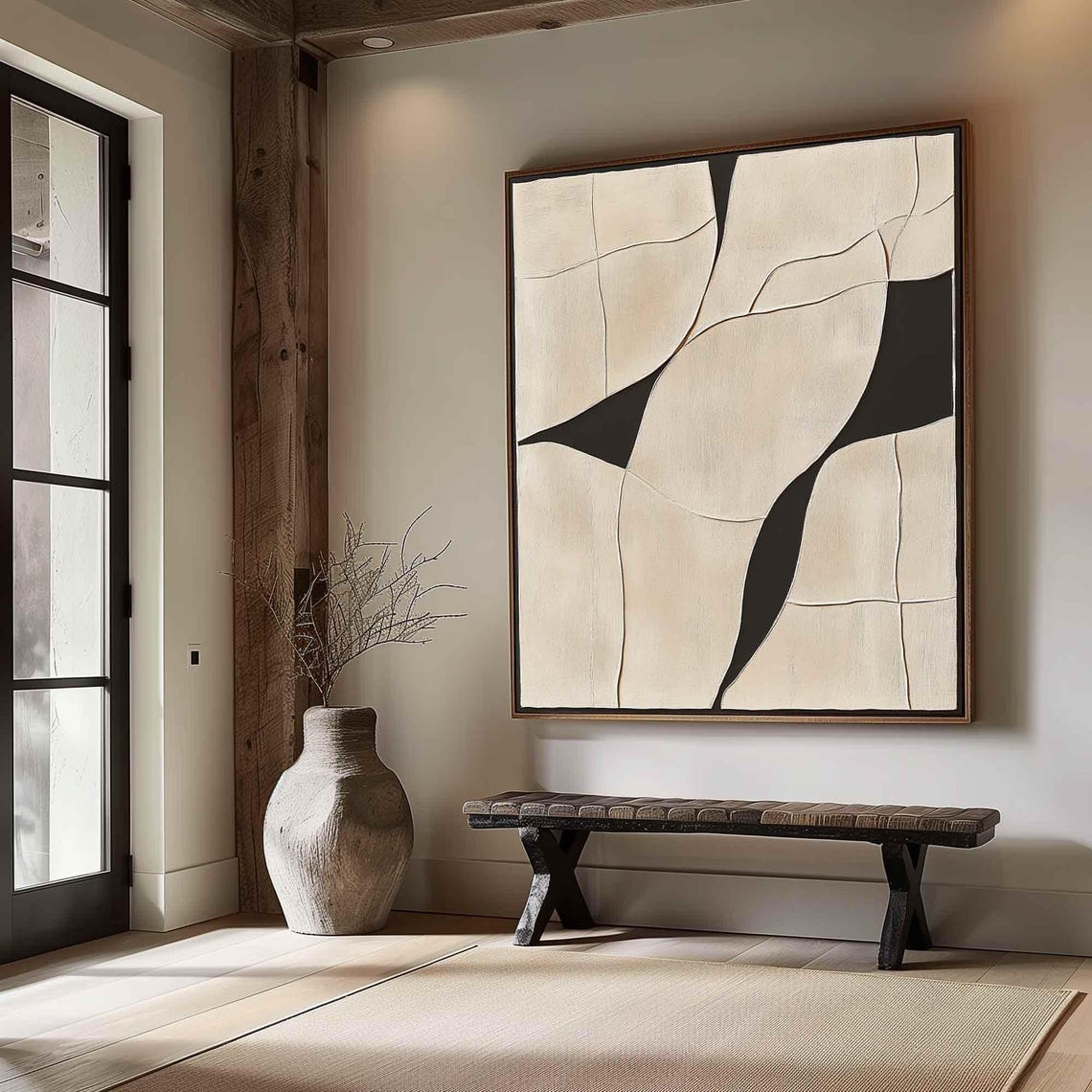 Cream Black Textured Abstract Art with Crackle Lines Minimalist Poster - Image 2