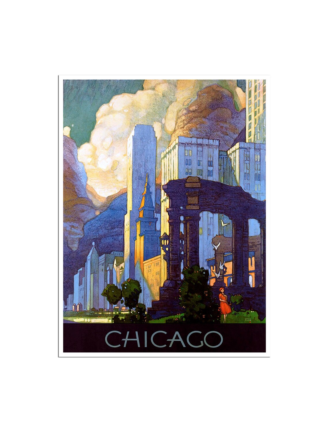 Chicago Vintage Skyline Colonnade Art Deco Illinois Travel Poster