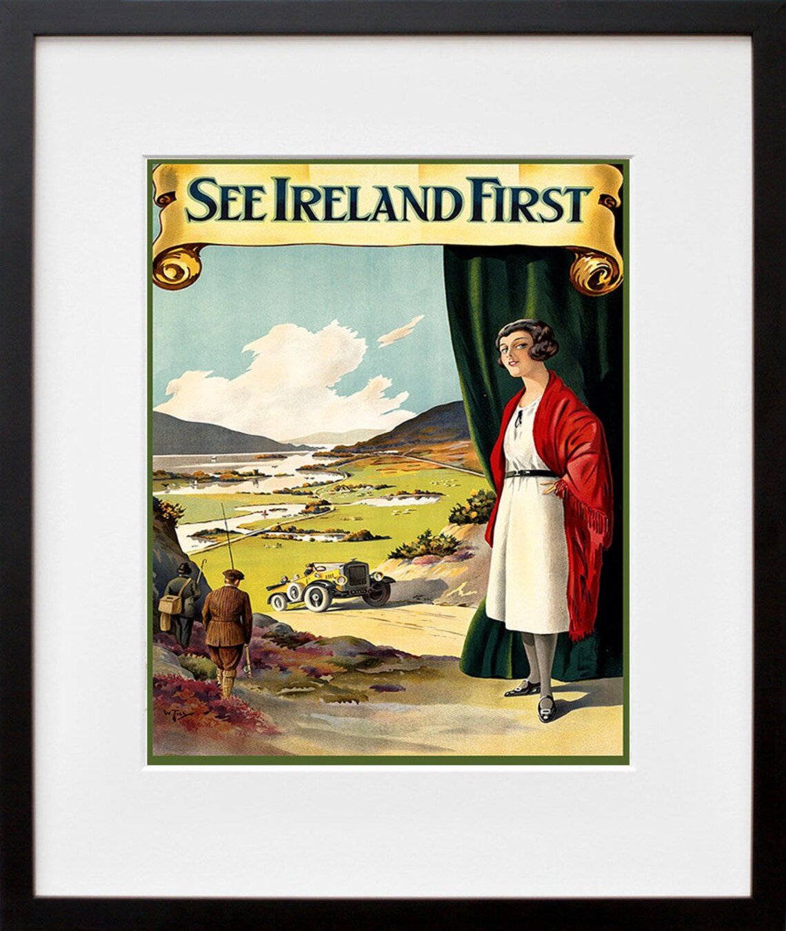 See Ireland First Red Shawl Lady Lakeside Vintage Motor Tour Poster - Image 2
