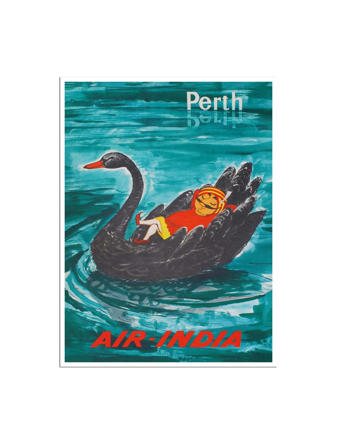 Perth Air India Black Swan Maharaja Vintage Travel Poster Art